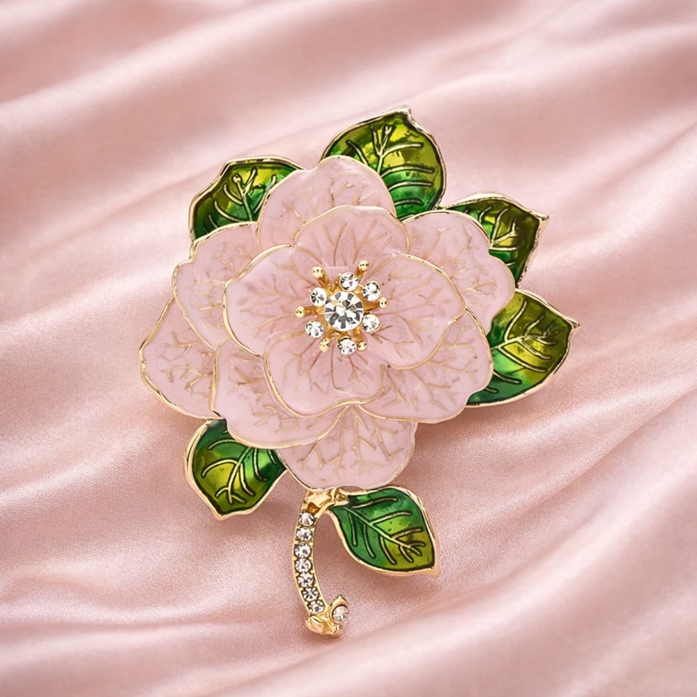 Luxury Pink Camellia Brooch – Gold Enamel Floral Pin with Crystals